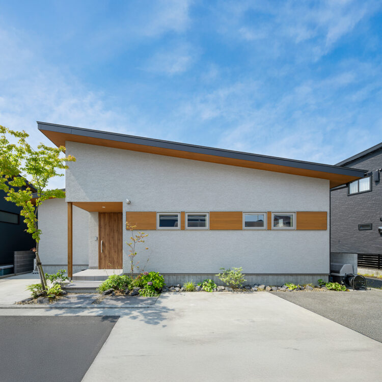 水平に小窓が並ぶ片流れ屋根の家